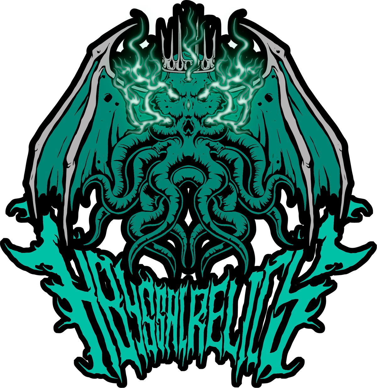 Logotipo completo de Abyssal Relics: Emblema heráldico de Cthulhu verde espectral y tipografía de metal extremo para joyería gótica en Chile.