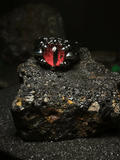 Vigía del Inframundo: Foto de portada de anillo ojo de la bestia con orbe escarlata brillante de pupila vertical y garras de acero en Chile.